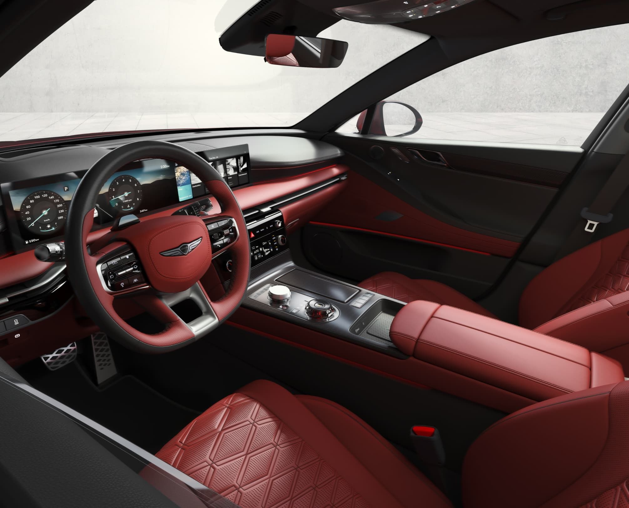 The full front row is shown from the driver's seat.